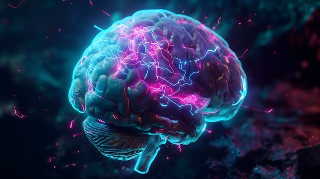 Neural Activity in the Human Brain. Digital illustration of a brain with neon lights and electrical impulses representing neural activity.
