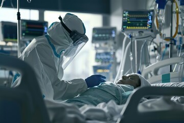 a man in a hospital gown and mask is working on a patient