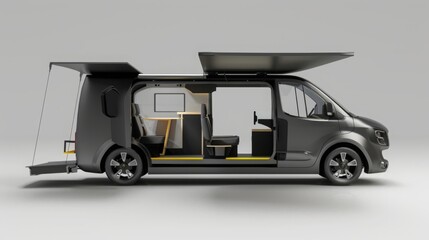 Obraz premium This image showcases a black camper van with its awning extended, revealing the interior with comfortable seating, a small table, and a bed.