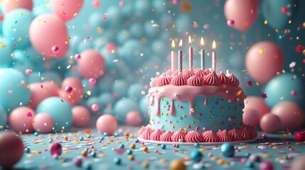 Birthday Cake With Confetti and Balloons