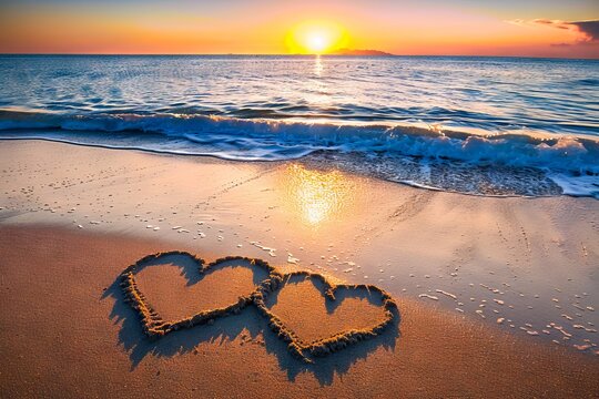 Two hearts drawn in the sand on a beach at sunset.