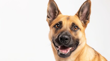 Fawn rescue German shepherd mix smiling on white background