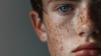 a close up of a young man with freckles