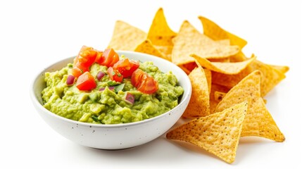 Guacamole and tortilla chips on white background