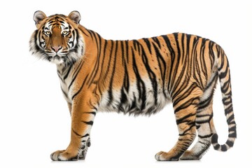 Obraz premium Majestic Bengal Tiger Standing Against White Background, Showcasing Its Striking Stripes and Powerful Stature