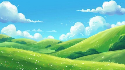 Tranquil Meadow with Rolling Hills and Fluffy Clouds