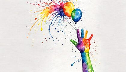 There is a hand print of a child's hand with a balloon finger painting colourful.