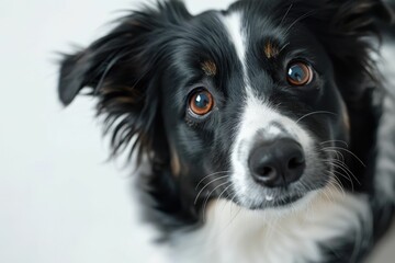 Close-Up Portrait of a Black and White Dog with Expressive Eyes Against a White Background