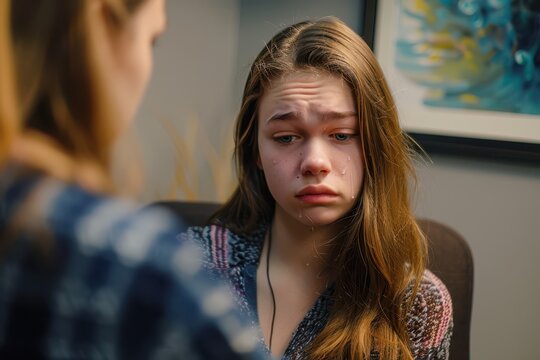 a woman is sitting in front of a woman with a sad face