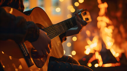 Fototapeta premium a person playing an acoustic guitar in front of a fire