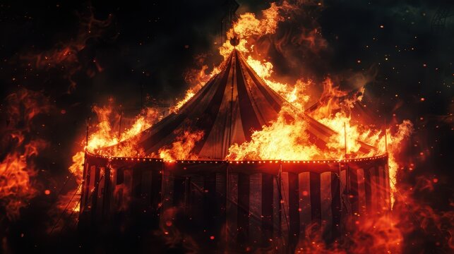a burning circus tent with flames coming out of it