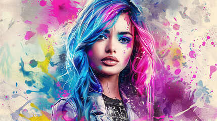 A digital art of a woman with blue and pink hair.