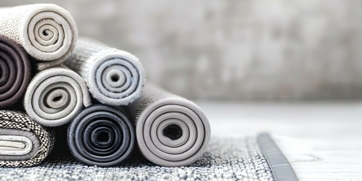 Stacked rolled area rugs and floor mats in empty room corner. Concept Home decor, Interior design, Area rugs, Floor mats, Room corner