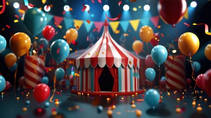 Circus Celebration, Colorful balloons and circus tent with confetti, Party Atmosphere