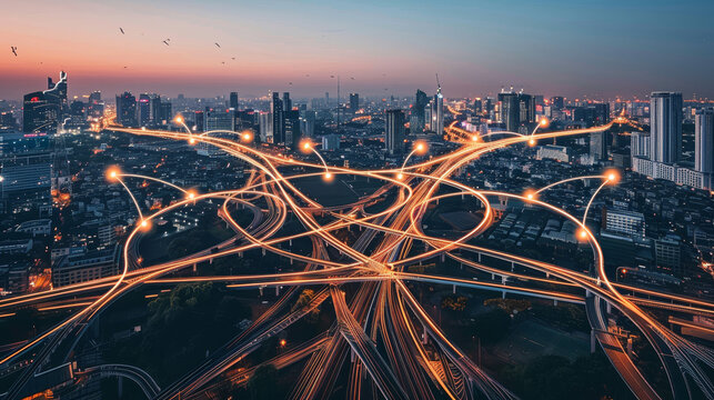 An abstract depiction of interconnected lines symbolizing the connection between internet technology and artificial intelligence and human
