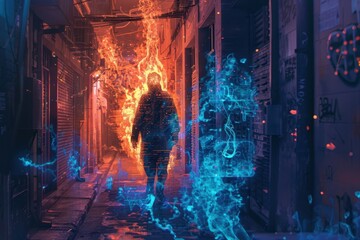 a man walking down an alley with fire coming out of his hands