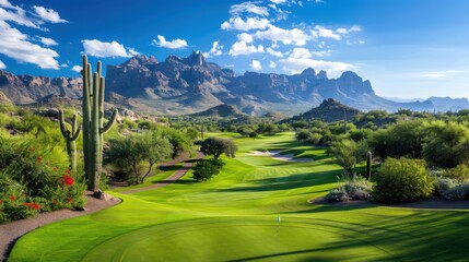 Desert Golf Course, Scenic golf course with mountains and cacti, Outdoor Recreation