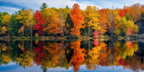 gorgeous view of lake and autumn forest park, shadow reflecting on water surface, beautiful scenery of seasonal nature landscape background whimsical ethereal mood