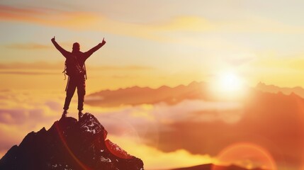 a man standing on top of a mountain with his arms raised