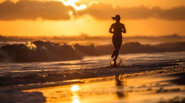 a woman running on the beach at sunset