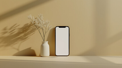 An iPhone mockup with white screen on a soft beige background, with a minimalist white candle beside it