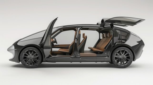 A black electric concept car with all doors open, revealing the interior with brown leather seats. The car is isolated against a white background.