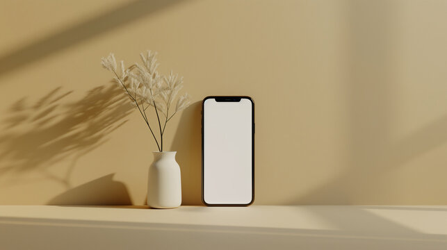 An iPhone mockup with white screen on a soft beige background, with a minimalist white candle beside it