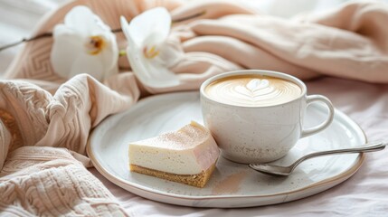Cappuccino in cup and sweet dessert on the tray, Boho Chic Style Decor