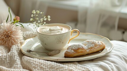 Cappuccino in cup and sweet dessert on the tray, Boho Chic Style Decor