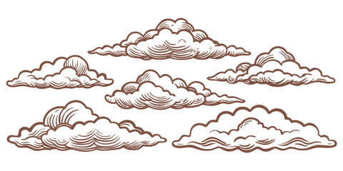 A variety of handdrawn clouds set against a white backdrop