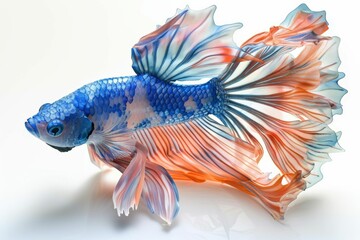 Fototapeta premium Vibrant Blue and Orange Betta Fish with Flowing Fins on White Background