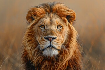 Obraz premium Majestic Lion Portrait in Natural Habitat with Golden Mane and Intense Gaze