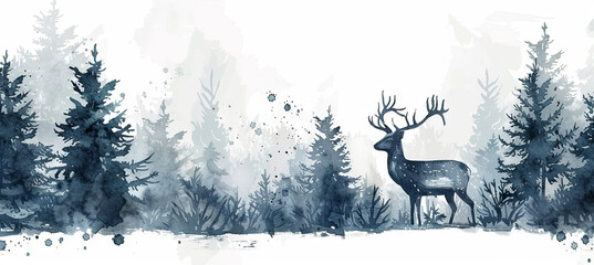  watercolour illustration of deer on the christmas background, banner, greeting card 