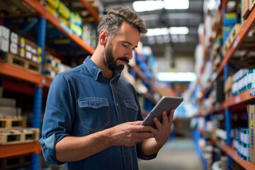 Middle-aged man in warehouse using a digital tablet, surrounded by shelves of boxes.