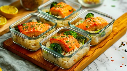 Four glass containers with salmon and broccoli.