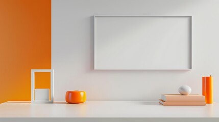 Bright and colorful office setup with a minimalist white desk, vibrant orange accents, and an empty white frame on a light grey wall in a widescreen layout.