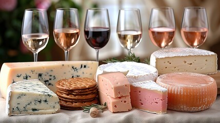   A selection of cheeses, crackers, and wine sit on a table, accompanied by glasses of wine and a vase of flowers