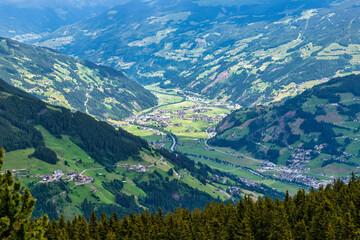 Naklejka premium View of Zell Am Ziller from the Penken Mountain in the village of Mayrhofen in Austria