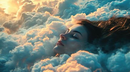 The close up picture of the caucasian female human that laying down for sleeping on the sea of the cloudscape that act like pillow that look fluffy and soft at the bright sky of the daytime. AIGX03.