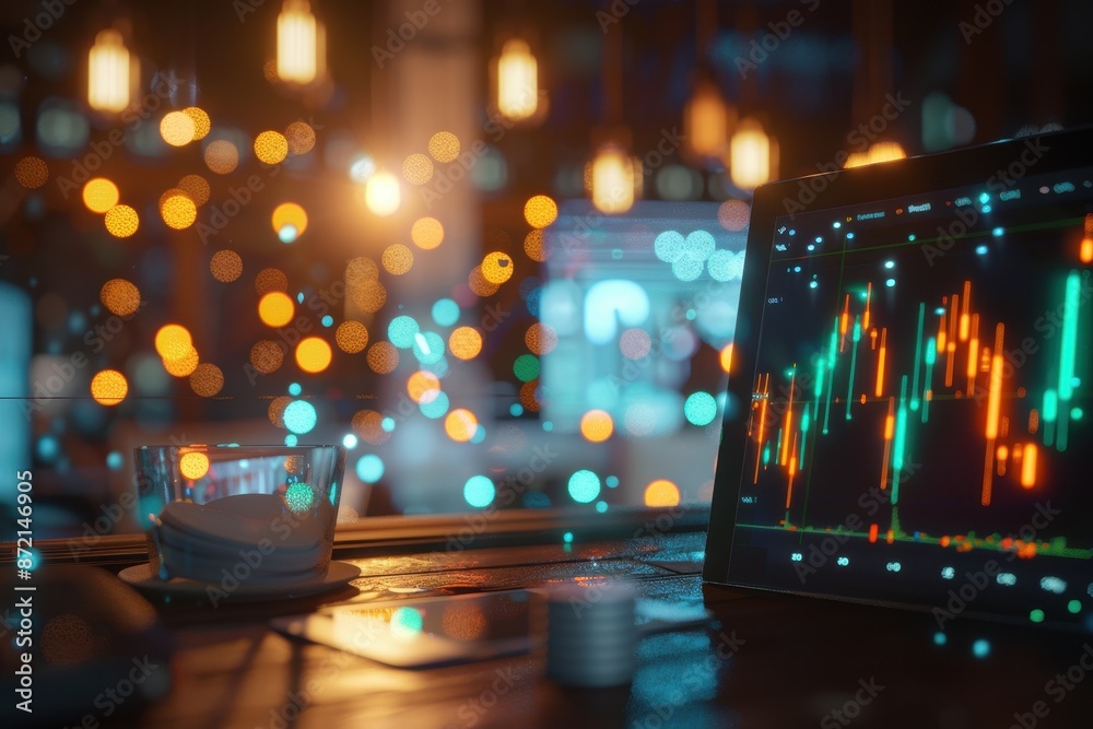 Poster A laptop displaying stock market graphs with bokeh lights in the background, creating a modern, dynamic financial atmosphere.