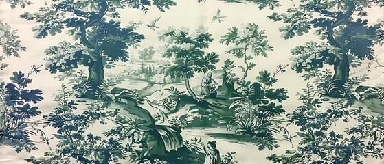 green and white traditional toil de jouy fabric, ideal for backgrounds and textures