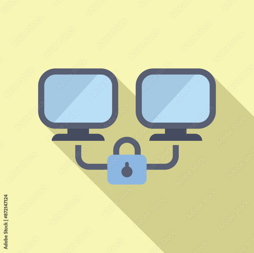 Poster two computers network sharing data with secure connection, flat design icon with long shadow