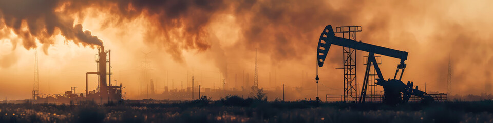 Sunset Industrial Landscape with Oil Pump and Smoke Emissions