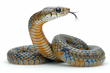 Fototapeta premium Close-up of a Colorful Snake with Detailed Scales and Forked Tongue on White Background