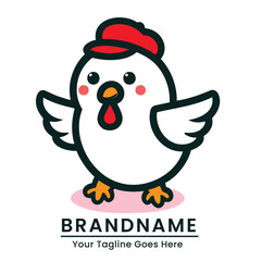 Cute cartoon chicken logo with red hat ideal for cafes and restaurants