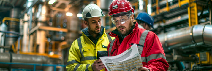 Industrial Engineers in Safety Gear Working and Reading Plans in a Manufacturing Facility