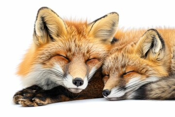 Fototapeta premium Peaceful Red Foxes Resting Together with Eyes Closed in a Close-Up Nature Shot
