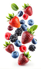 Obraz premium Falling berries on isolate white background. Strawberries, blueberries, raspberries, mint. Selective focus