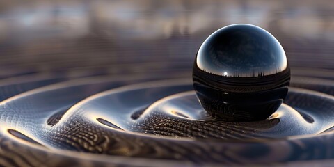 A black ball sits on top of a rippled surface.