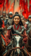Warrior Woman Leading Cavalry Charge with Red Flags. Generative ai